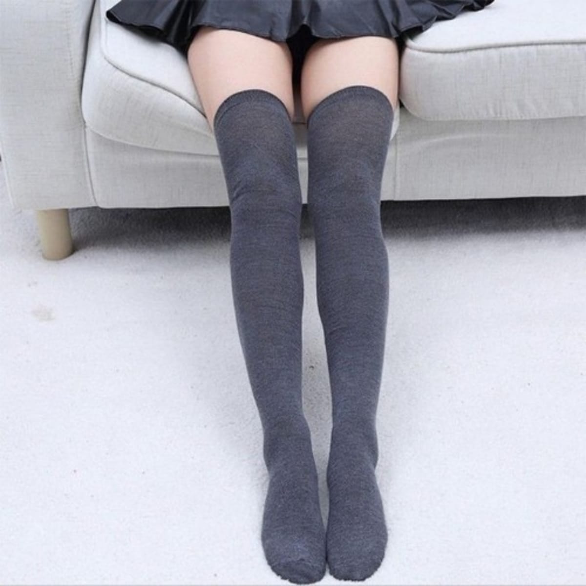 Extra Long Thigh High Socks Soft Knit Stocking Grey Konga