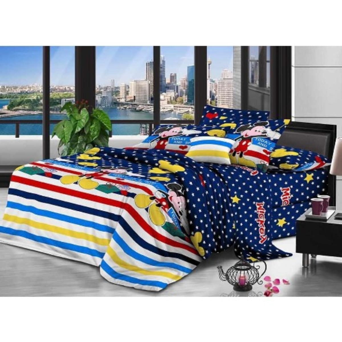 Mickey Mouse Cartoon Bed Sheet 2 Pillow Cases 4 x 6 Feet