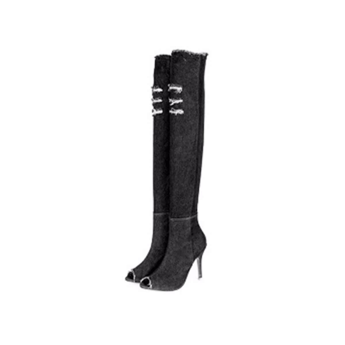 Black denim deals thigh high boots