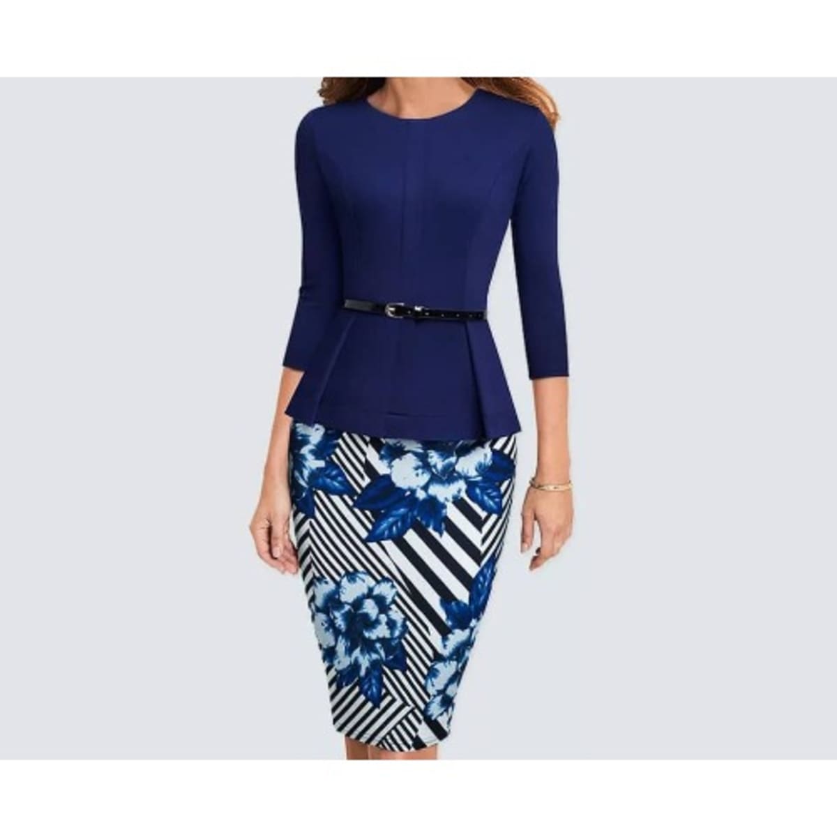 AWW Peplum Belted Pencil Dress Floral Blue Konga Online Shopping