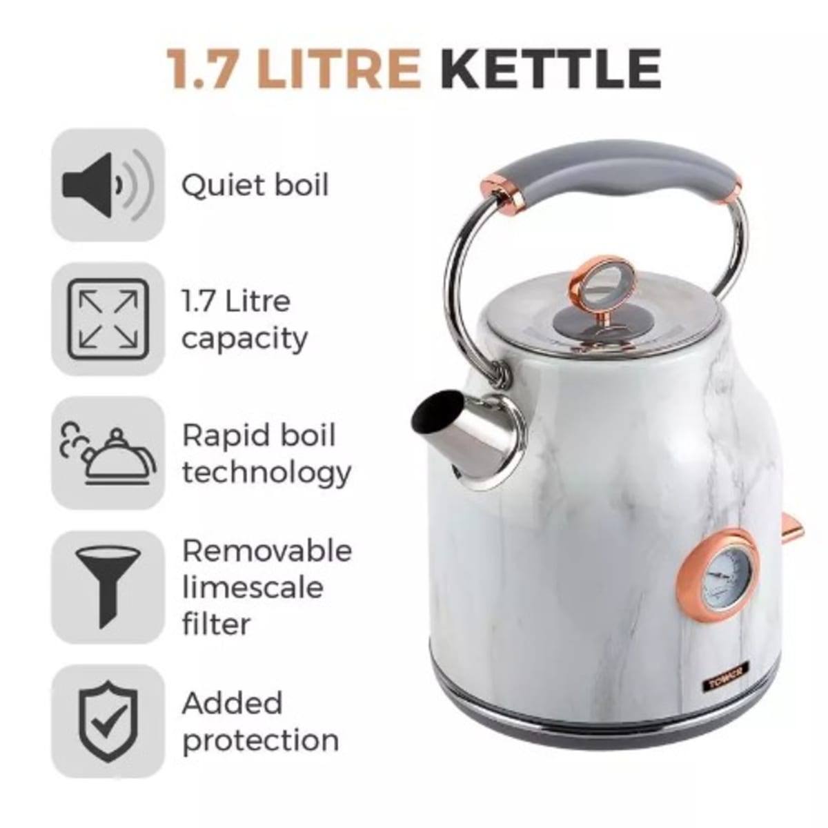 Tower Rapid Boil White Marble Kettle 1.7L 3kw Konga Online