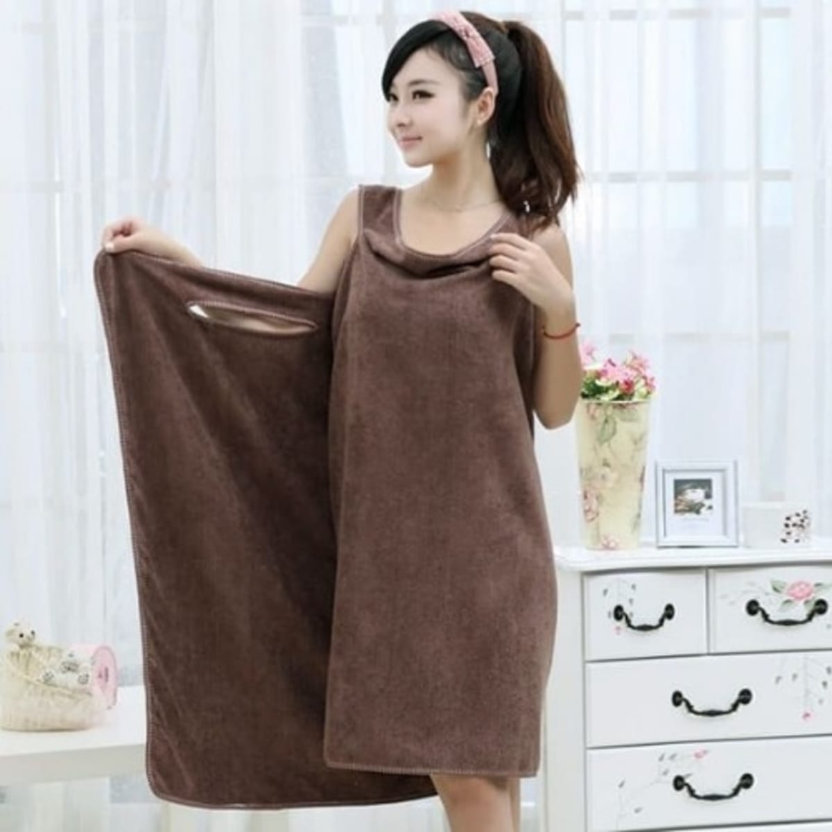 Microfiber Wrap Around Wearable Bath Robe Towel Brown Konga