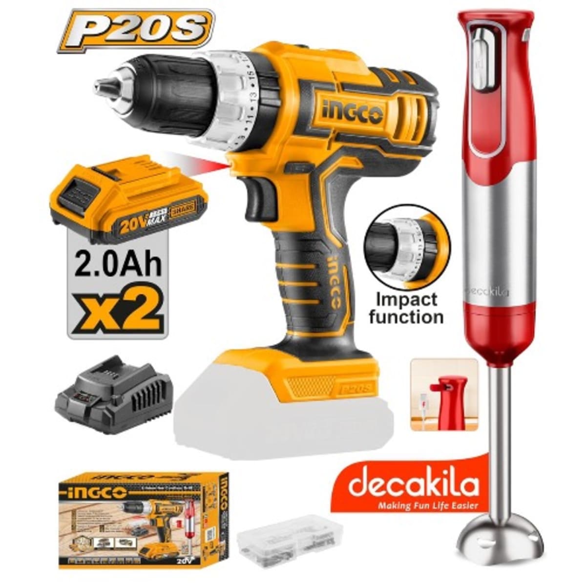 Ingco Lithium ion Cordless Impact Hammer Drill 20v 13mm 2pcs