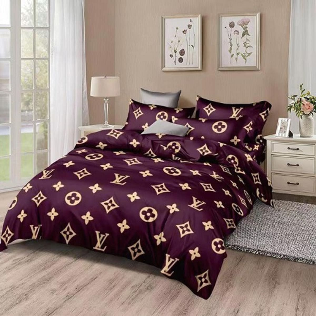 Red Background And White Pattern Louis Vuitton Bedding Sets Bed