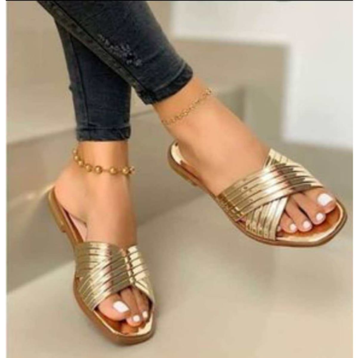 Ladies gold flat sandals sale