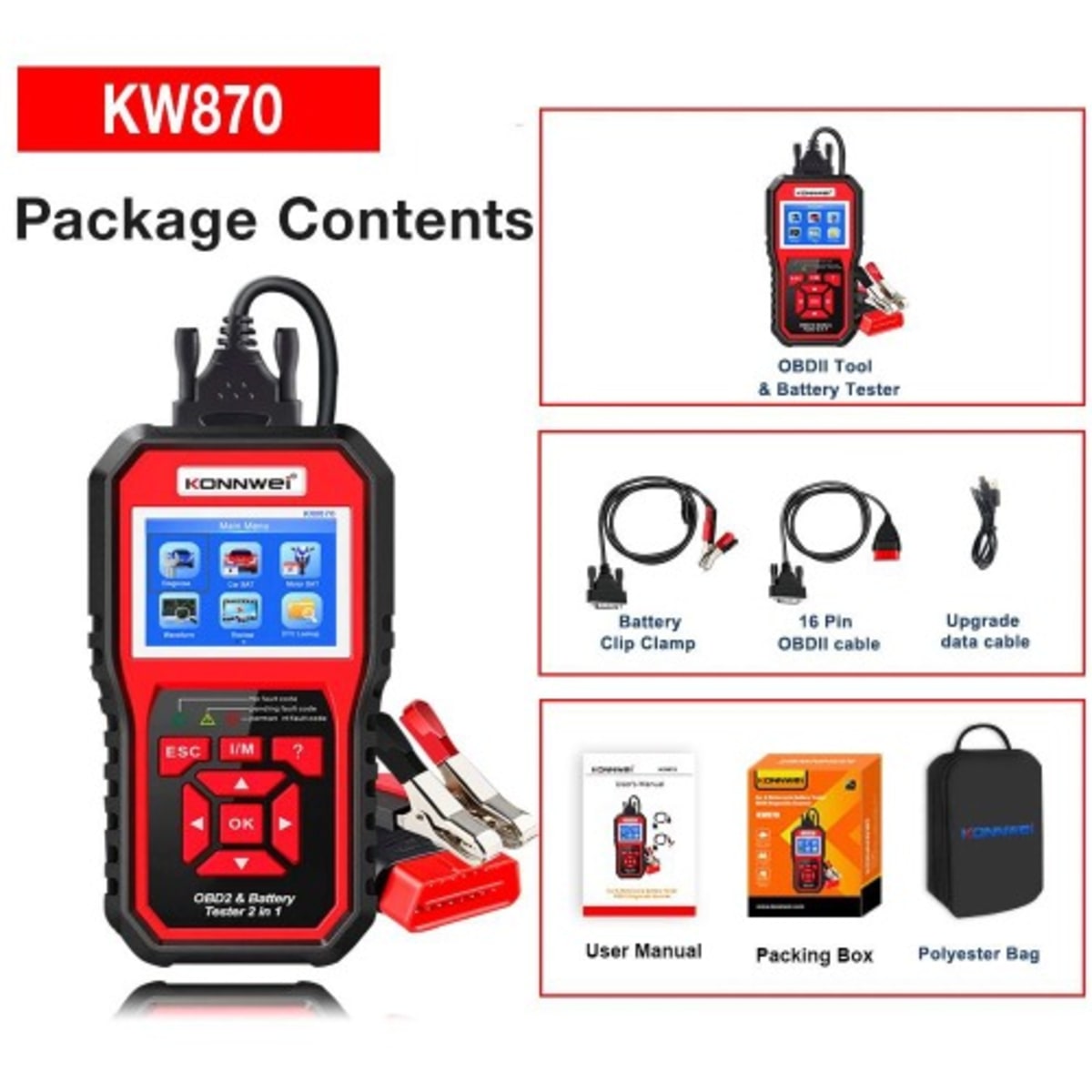 Konnwei KW-870 Multi-Function Battery Tester & OBD II Scanner for