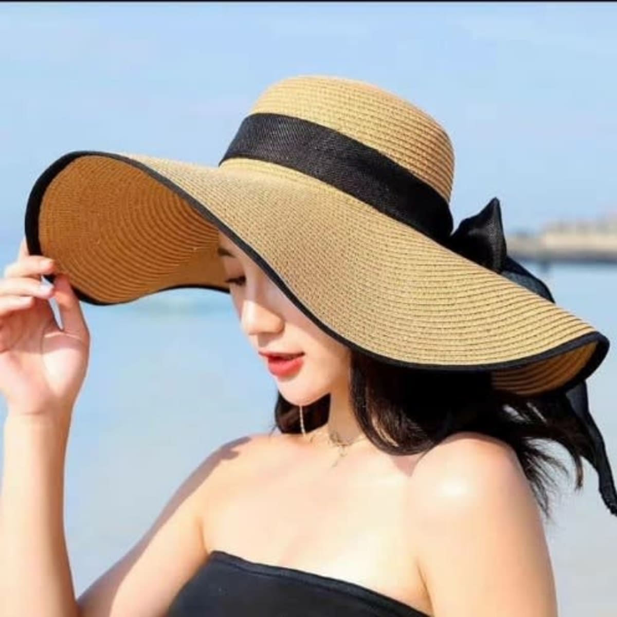 Women's Large Brim Straw Hat - Brown/black