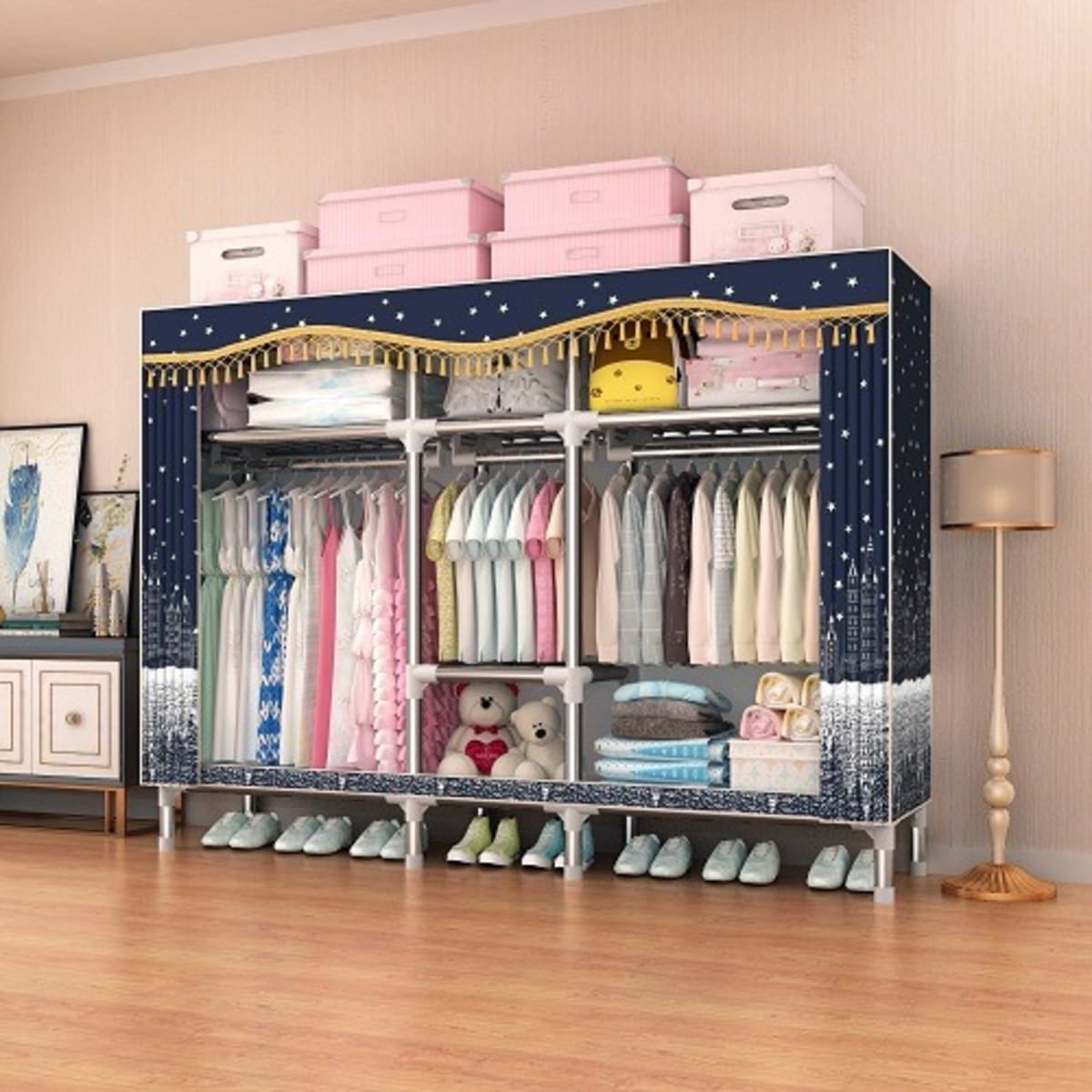 Double Size Non wooden Iron Steel Foldable Fabric Wardrobe Blue