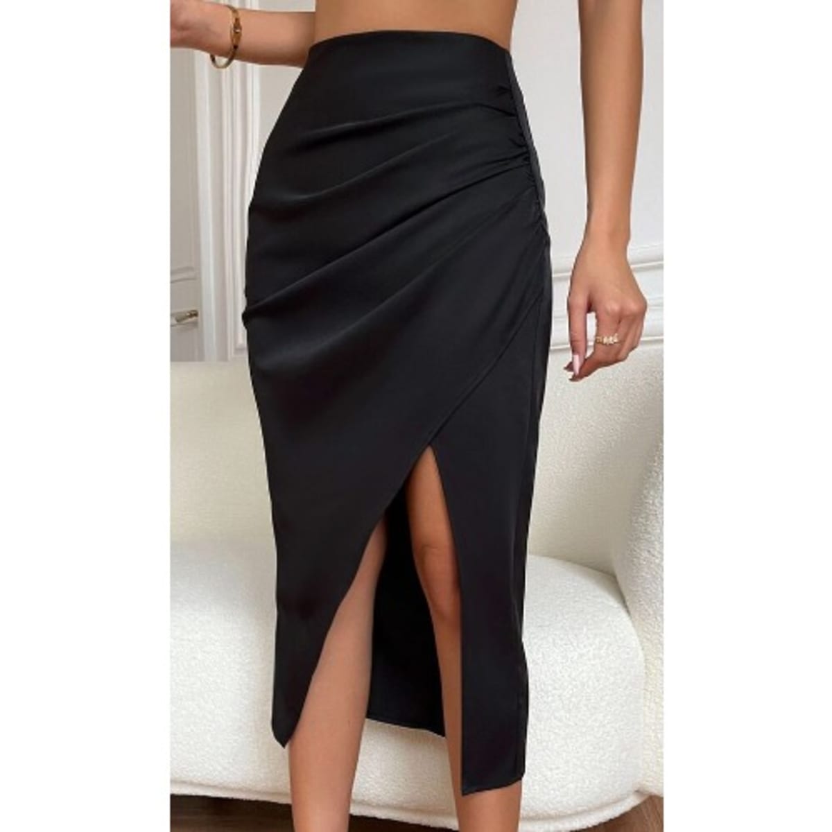 Asymetric Slit Skirt With Side Pleatings