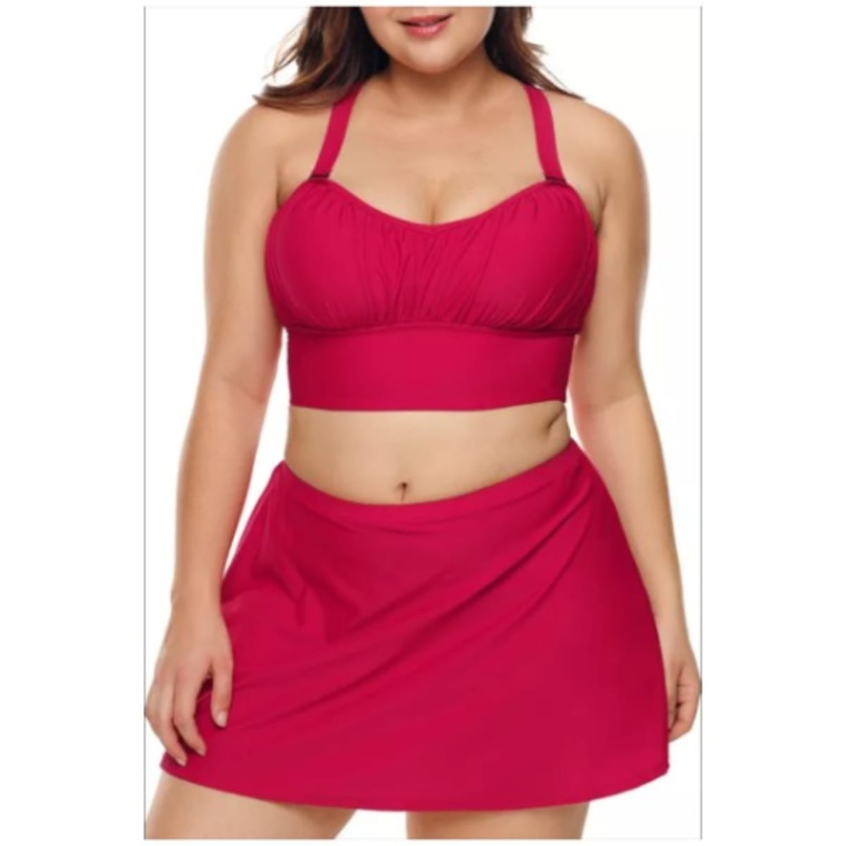 Fashion Woman Wireless Plus Size Bikini Top And Swim Skirt Set - Red