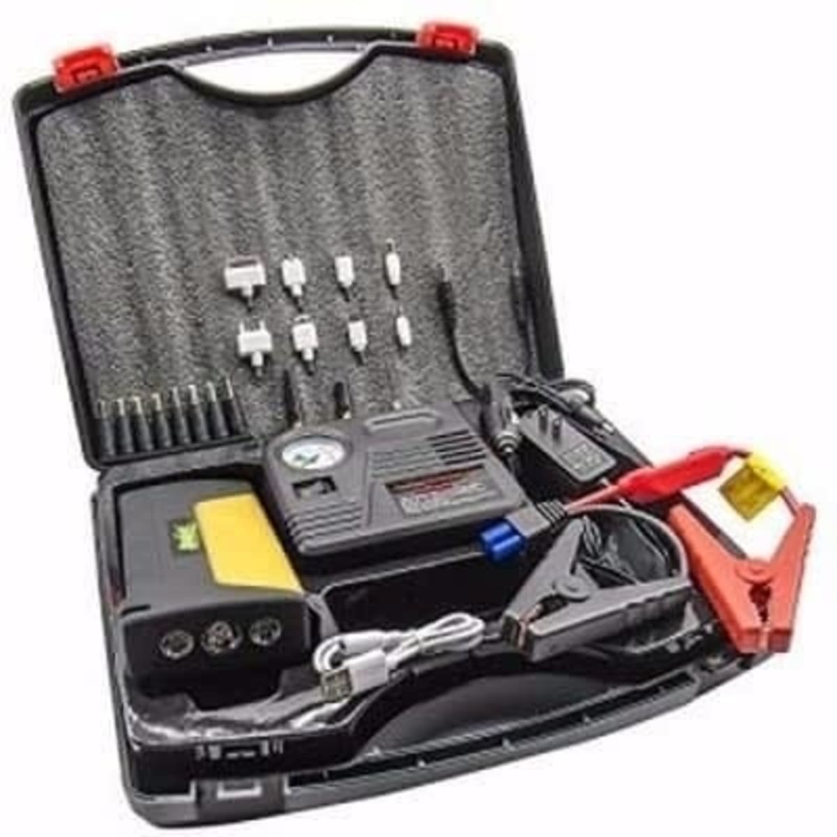 Vehicle jump starter shop and tire inflator