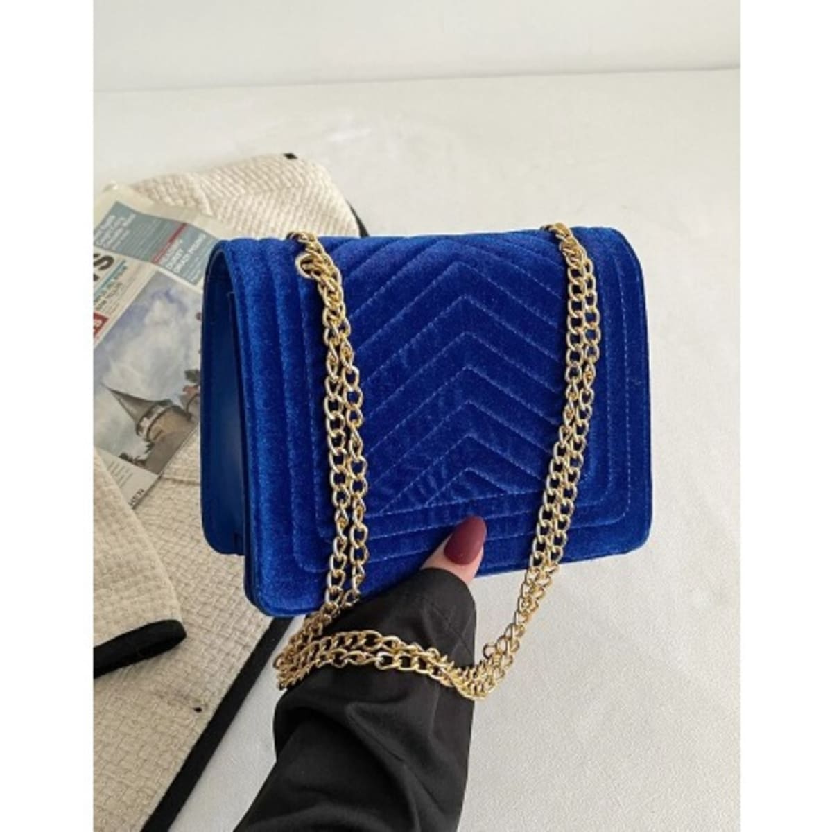 Navy blue velvet handbag clearance