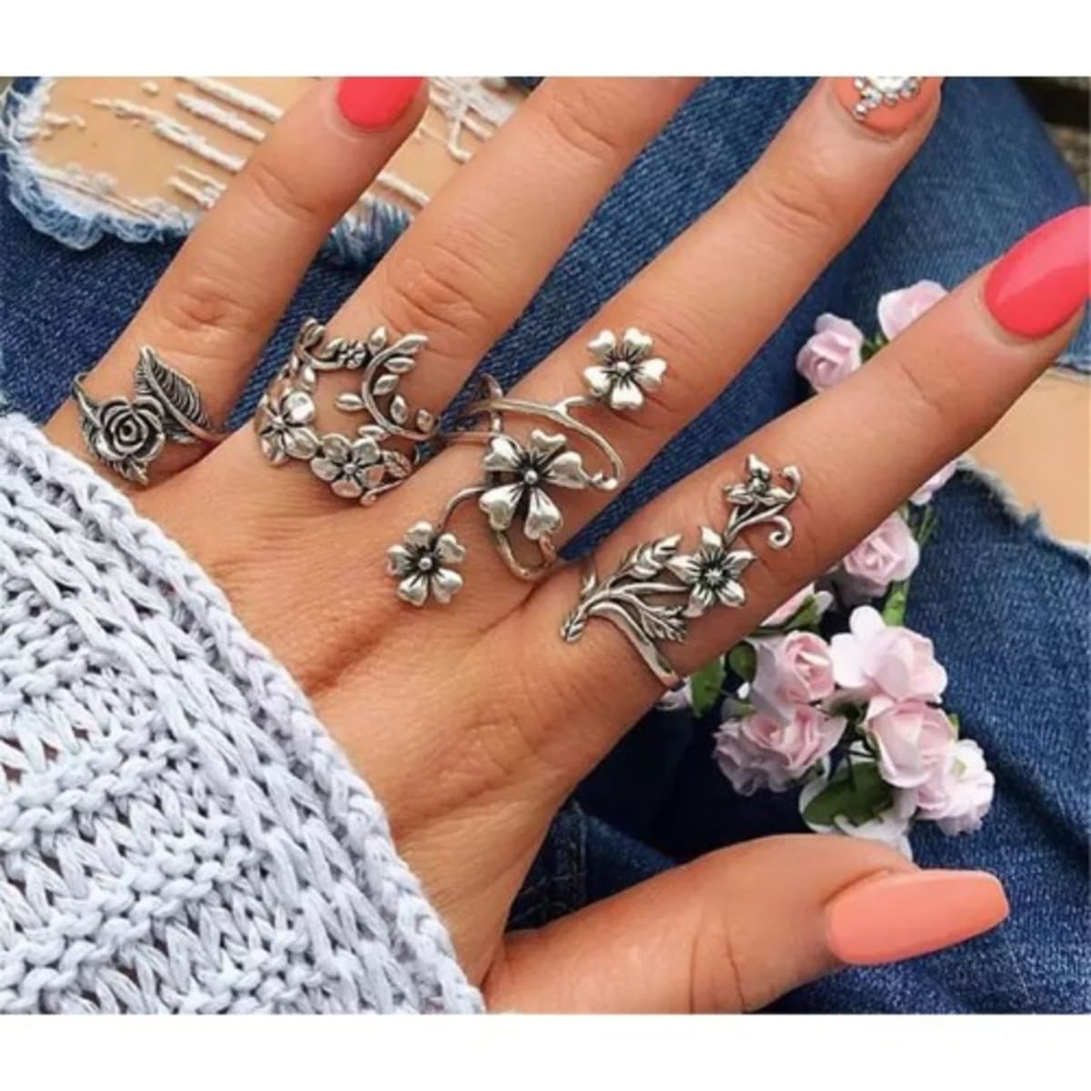 Vintage Bohemian Flower Knuckle Ring Set Silver 4Pcs Konga
