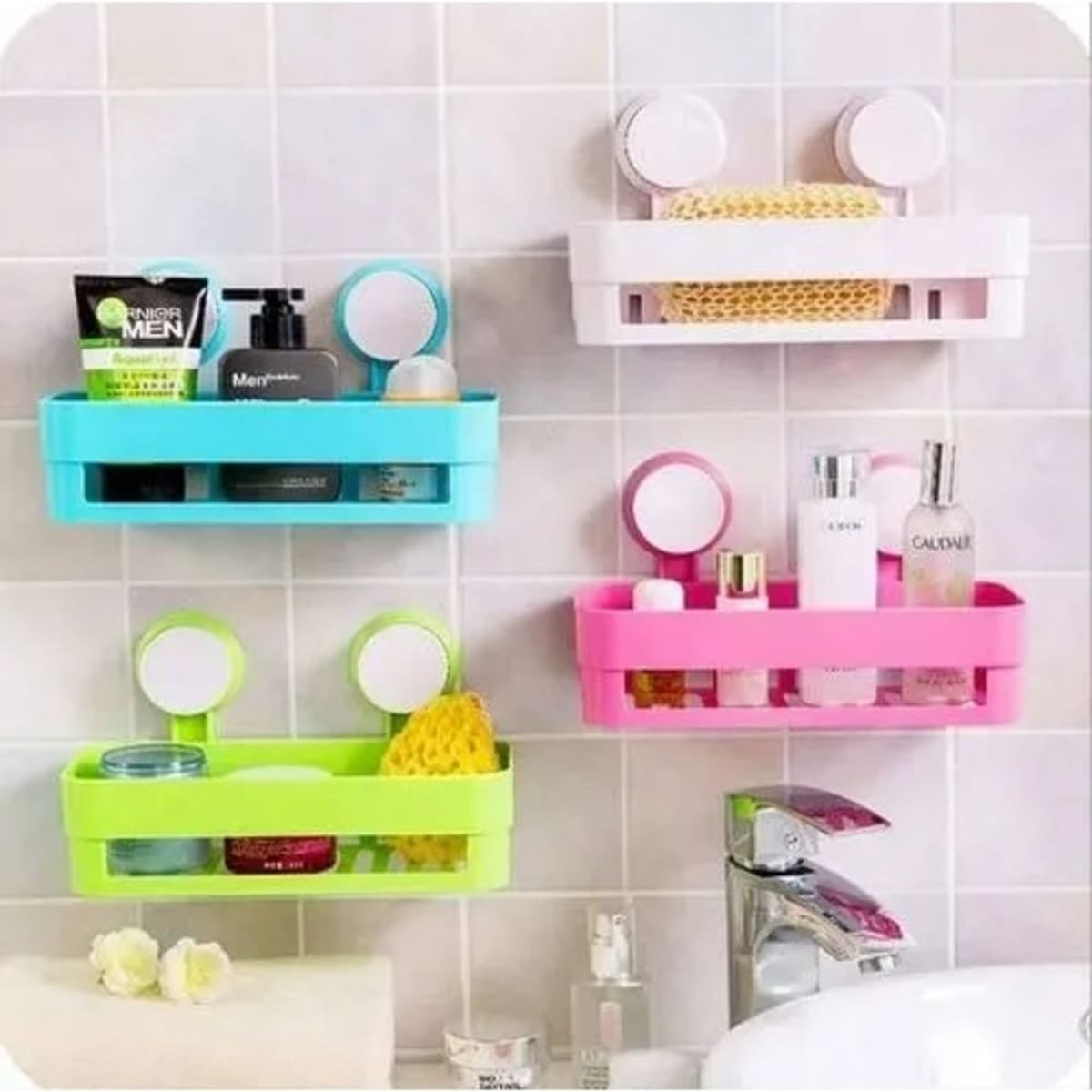Plastic Suction Cup Bathroom Kitchen Storage Rack Organizer Shower Shelf  (Pink) 