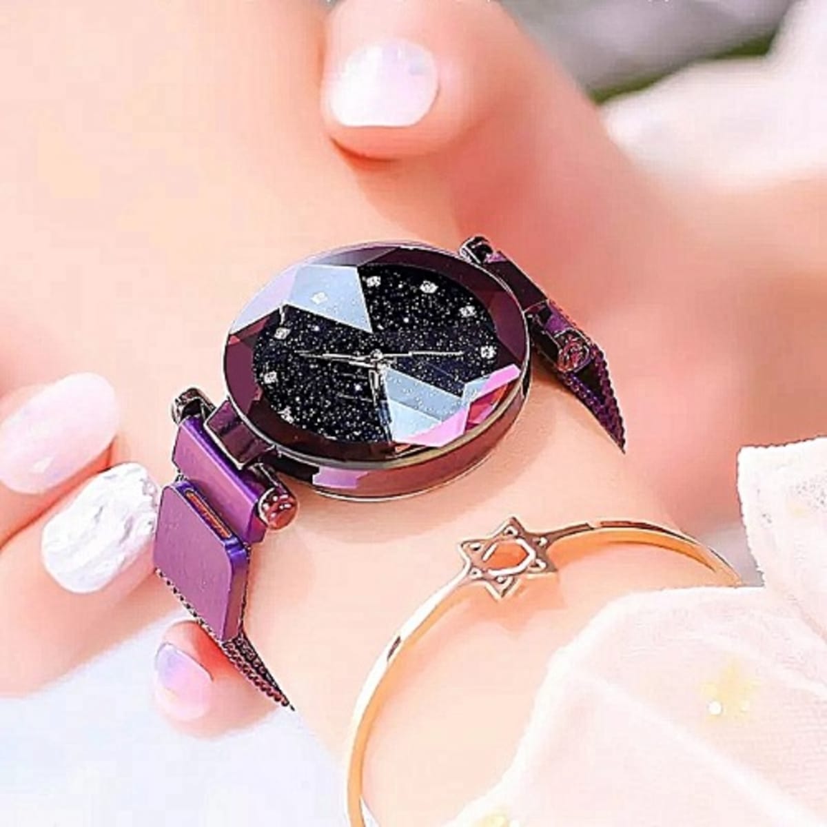Starry Sky Magnetic Female Wristwatch Waterproof Rhinestone purple