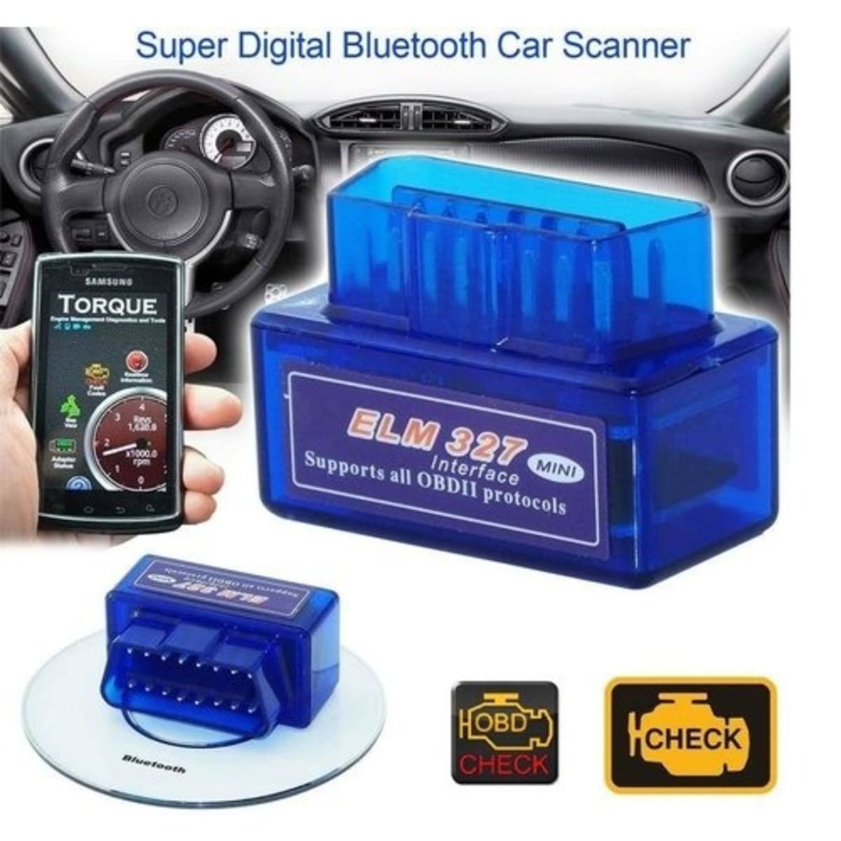 Super Mini Elm 327 Interface OBD2 Car Scanner Diagnostic Tool - Blue