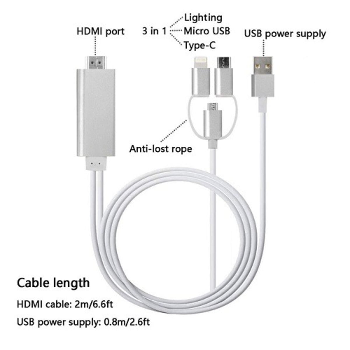 3-in-1 HDMI Cable - Lightning, Type-C, MicroUSB