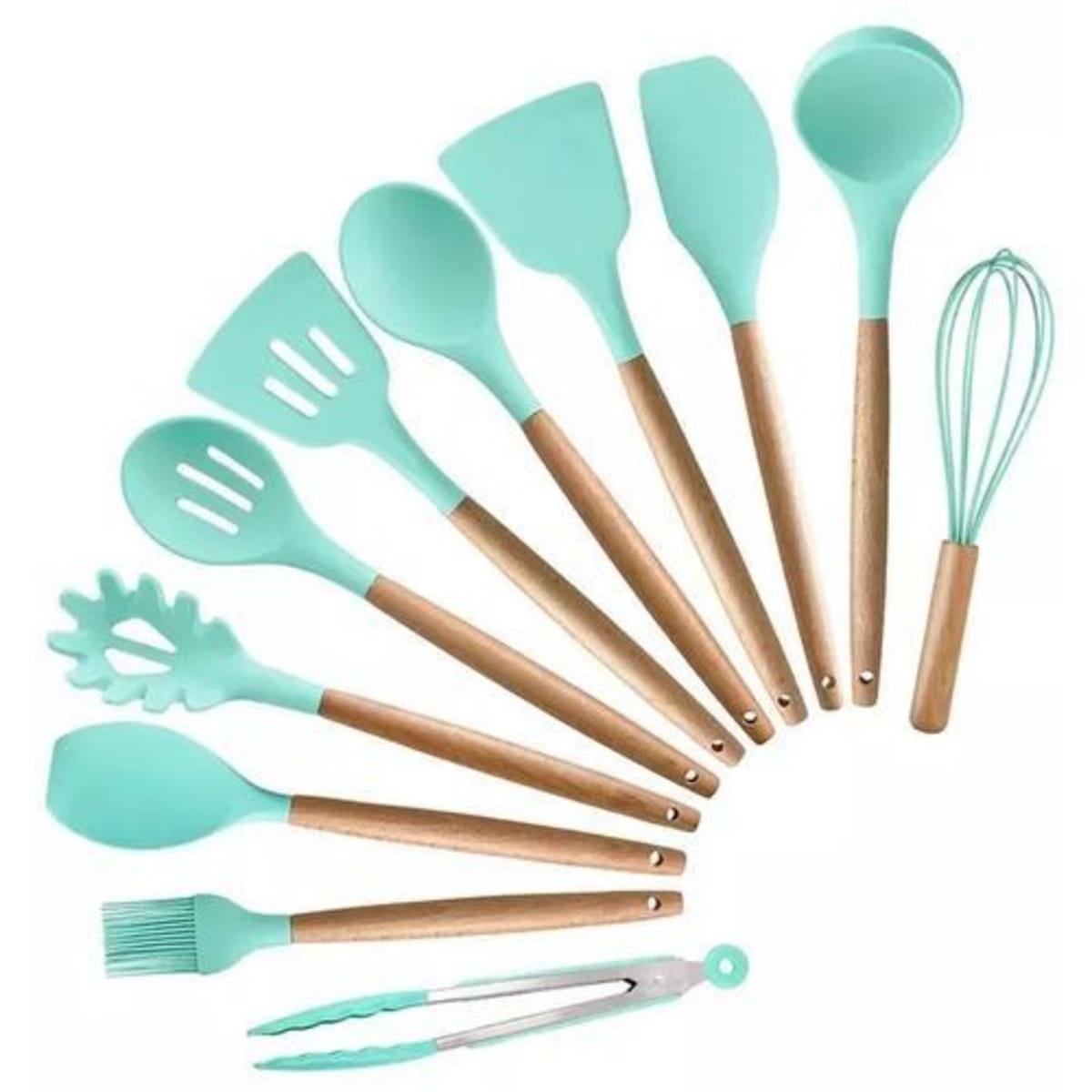 12Pcs Green Silicone Utensils with Wooden Handles Wholesale