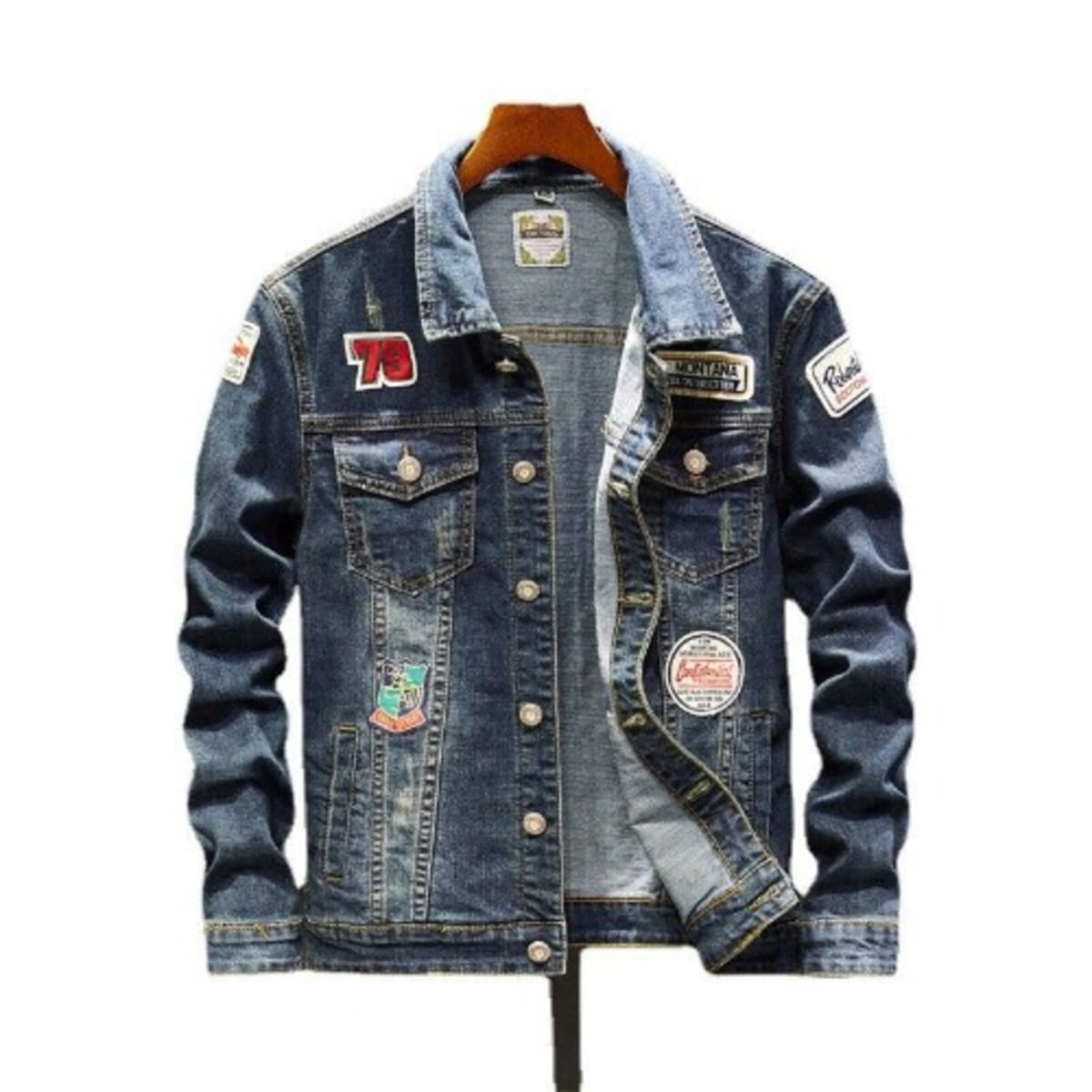 Mens Badge Denim Jeans Jacket Fit Cotton Summer Casual Coat