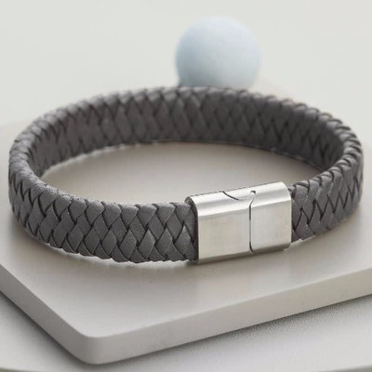Mens grey top leather bracelet