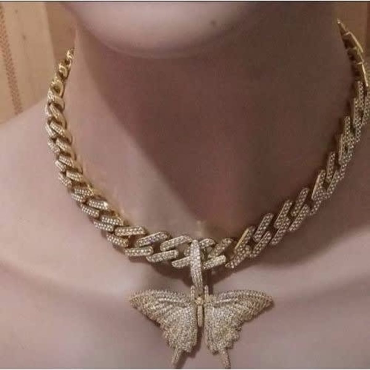 Iced Out Gold Cuban Link Chain With Butterfly Pendant