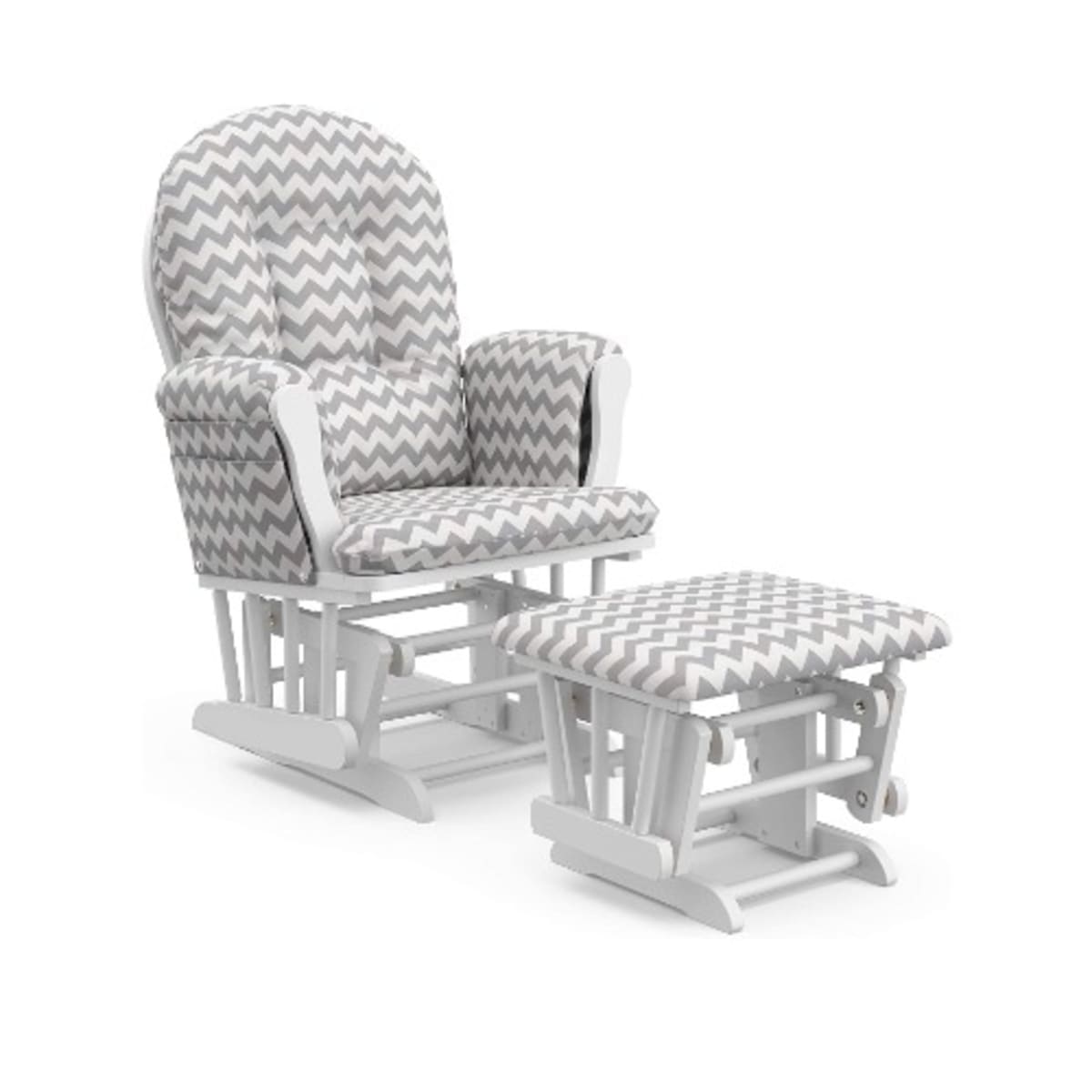 Windsor Glider And Ottoman White Finish With Gray Chevron Cushions