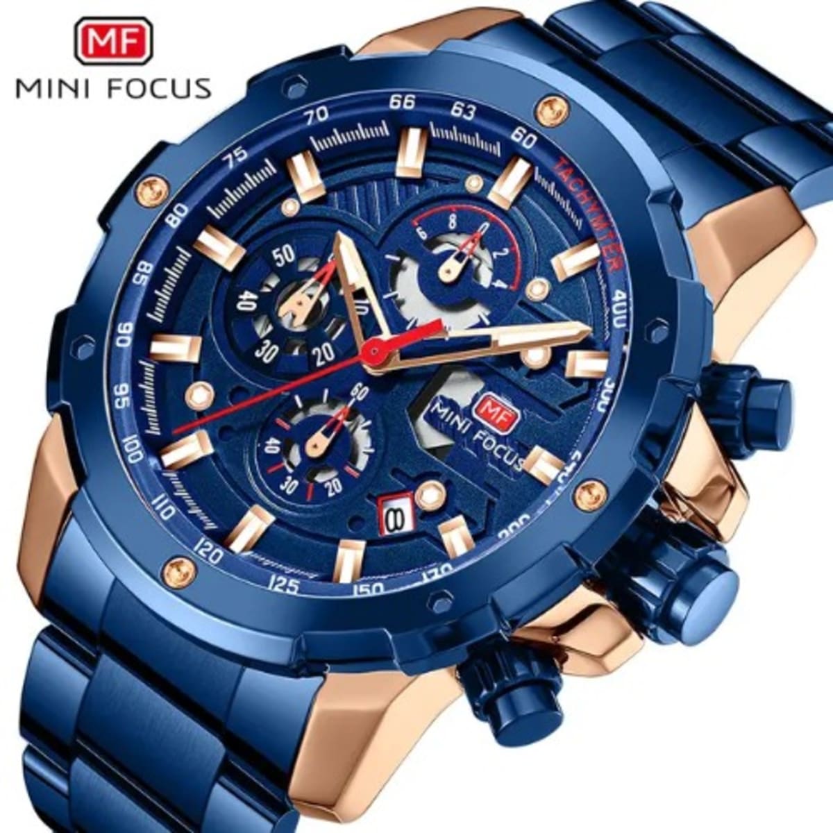 Mini Focus Chronograph Calendar Steel Watch Blue Gold Konga