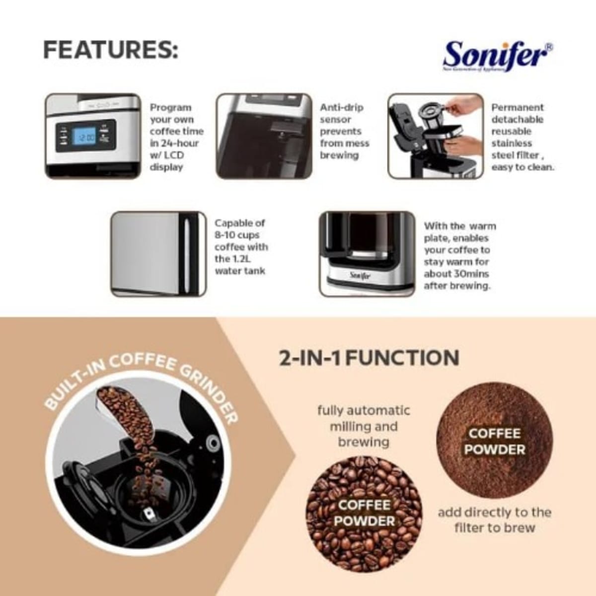 Sonifer SF3541 1050W 2-in-1 Drip Coffee Machine, 1200mL/10 Cups,  Ground/Beans Coffee Maker, Digital Display, Keep Warm 