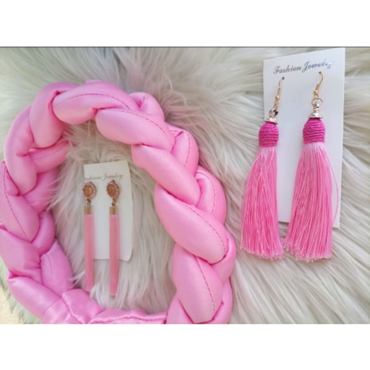 Braided Hair Band With 2 Pairs Silk Tassel Earrings - Baby Pink