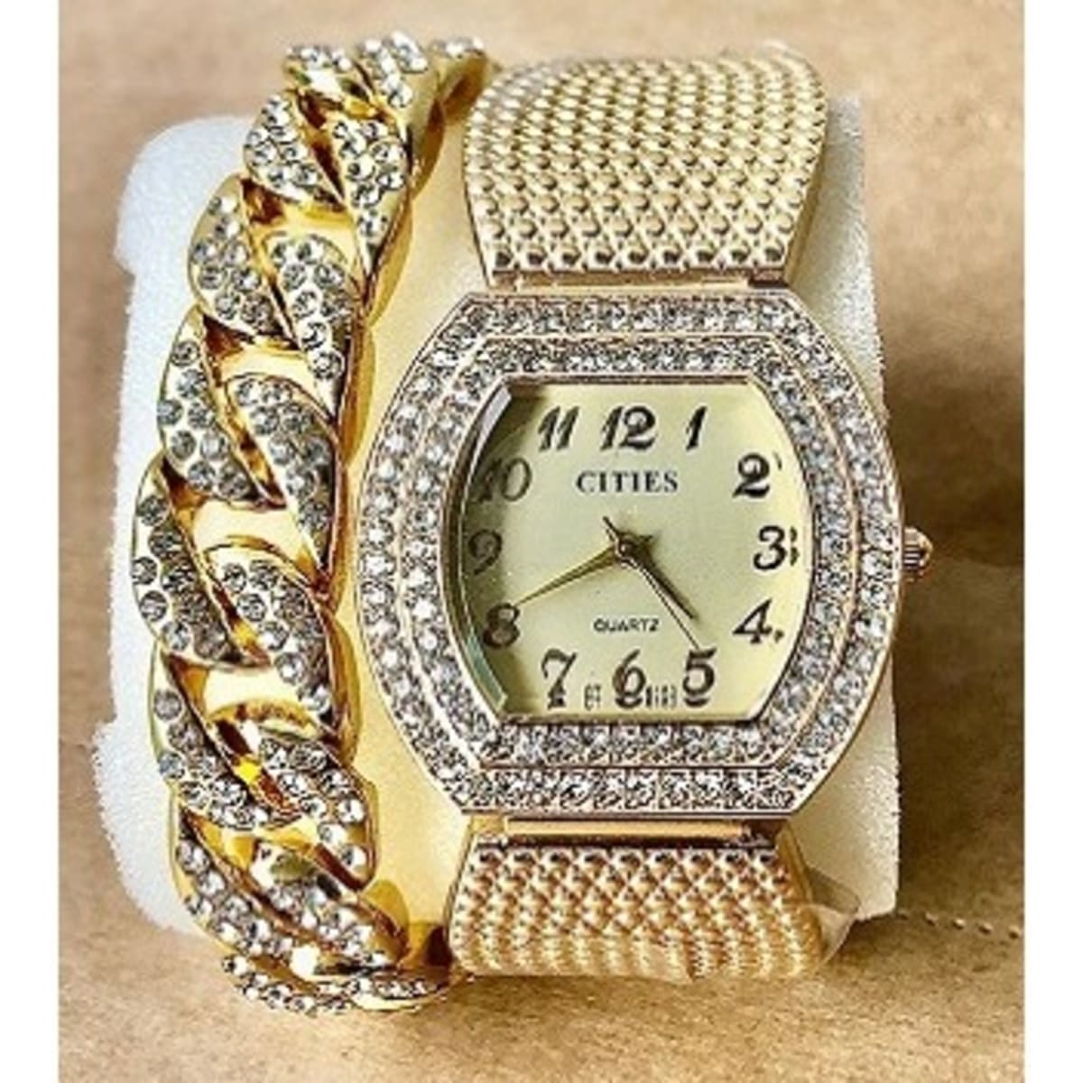 Cities Sophisticated Iced Wristwatch And Cuban Bracelet Konga