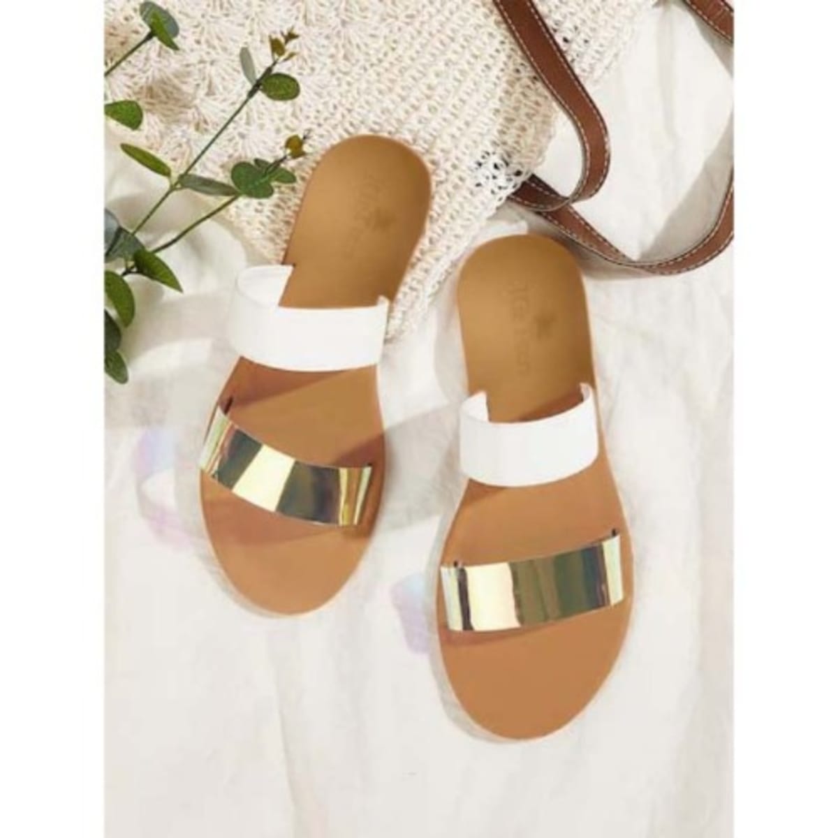 White and discount gold slippers
