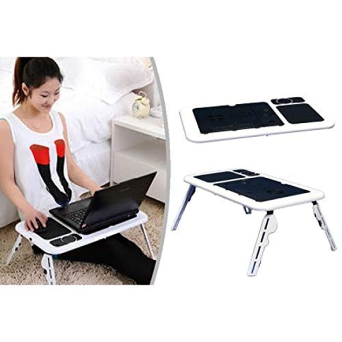 Folding laptop table with top cooling fan