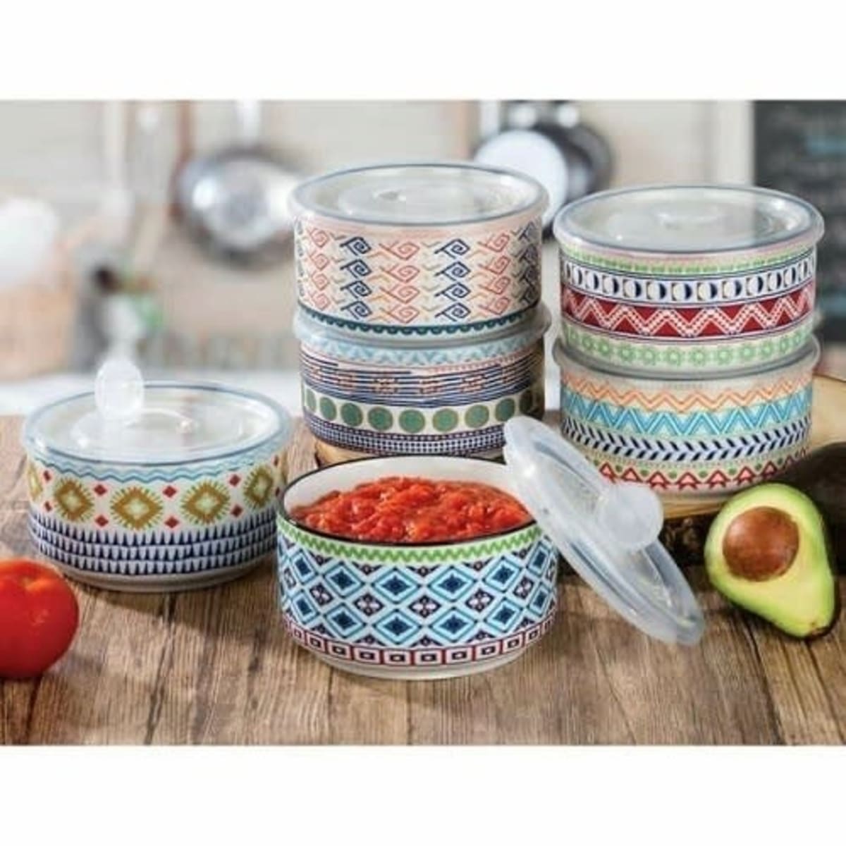 Signature Housewares 6 Stoneware Aztec Design Storage Bowls W/ Lids  Microwavable for Sale in High Point, NC - OfferUp