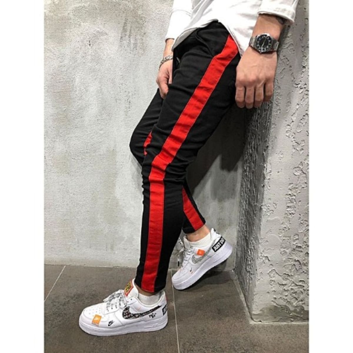 Mens black joggers sales with red stripe