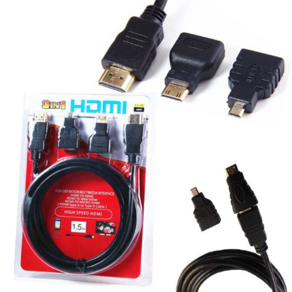 Full Hd 3 In 1 Hdmi To Hdmi+ Mini Hdmi+ Micro Hdmi Cable
