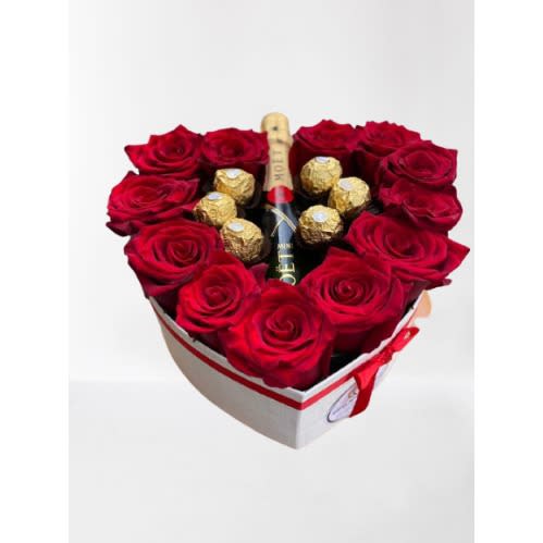 12 Stem Fresh Red Roses - Mini Moet & Chocolate In A Box.