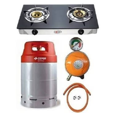 12.5kg Gas Cylinder With Glass Top Double Burner, Metered Regulator, Hose And Clip.