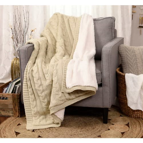 Life Comfort Cable Knit Sherpa Throw - Beige 50” x 60” (127 x 152 cm ...