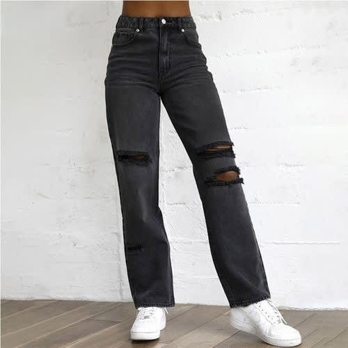 SHOWOFF Womens Slash Knee Wide Leg Black Denim Jeans