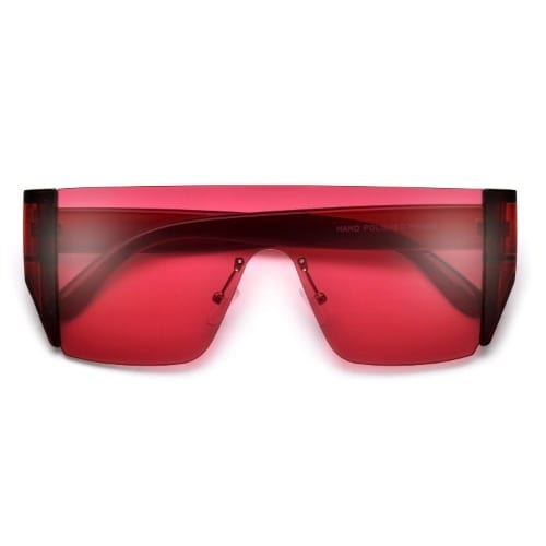 rimless red glasses