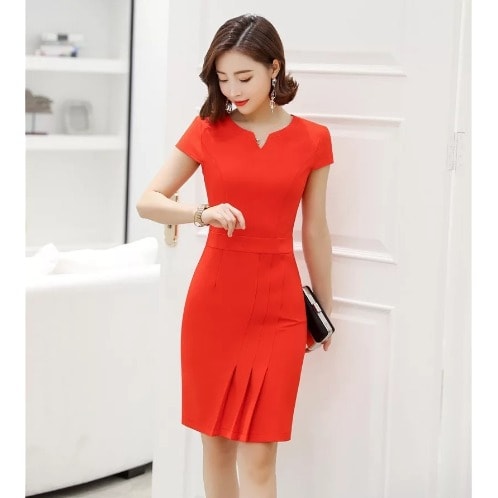 red dress pleated
