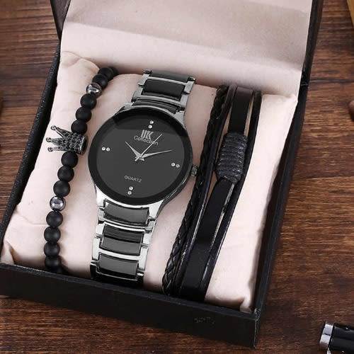 Men Watch And Bracelet Set Black And Silver