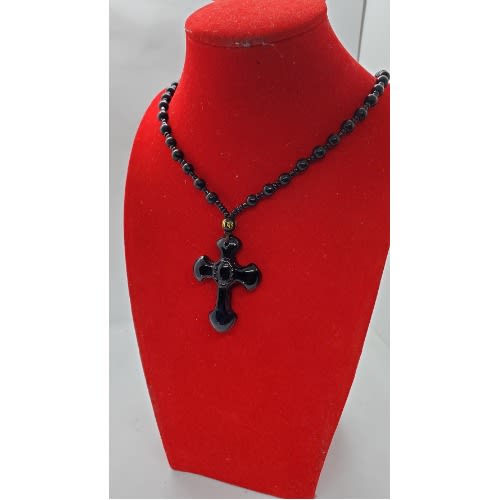 Mens Beaded Necklace With Attached Cross Pendant Black Konga