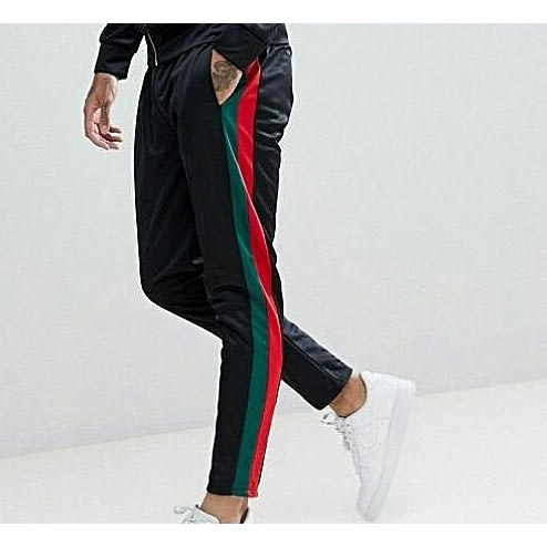 black joggers with red stripe
