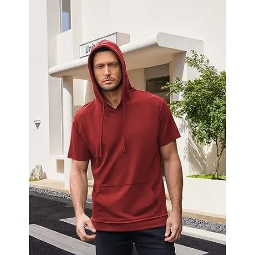 Red short sale sleeve hoodie mens