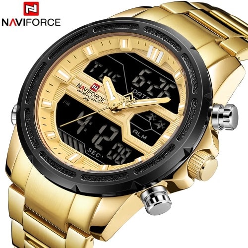 Naviforce Waterproof Luxury Chronograph Calendar Dual Display Gold ...