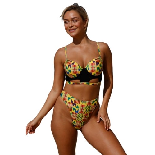 African Print Cut Out High Waist Swimsuit Yellow Multicolor