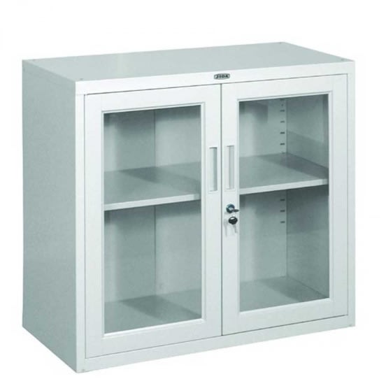 Low Storage Cabinet With Double Swinging Steel Framed Glass Doors