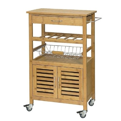 Bamboo Kitchen Trolley Storage Cart Cabinet With Louvre Doors