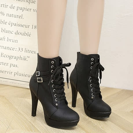 heeled lace up black boots